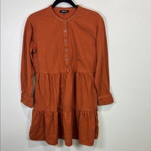 Madewell Flannel Button-Placket‎ Tiered Mini Dress in warm Nutmeg rust orange